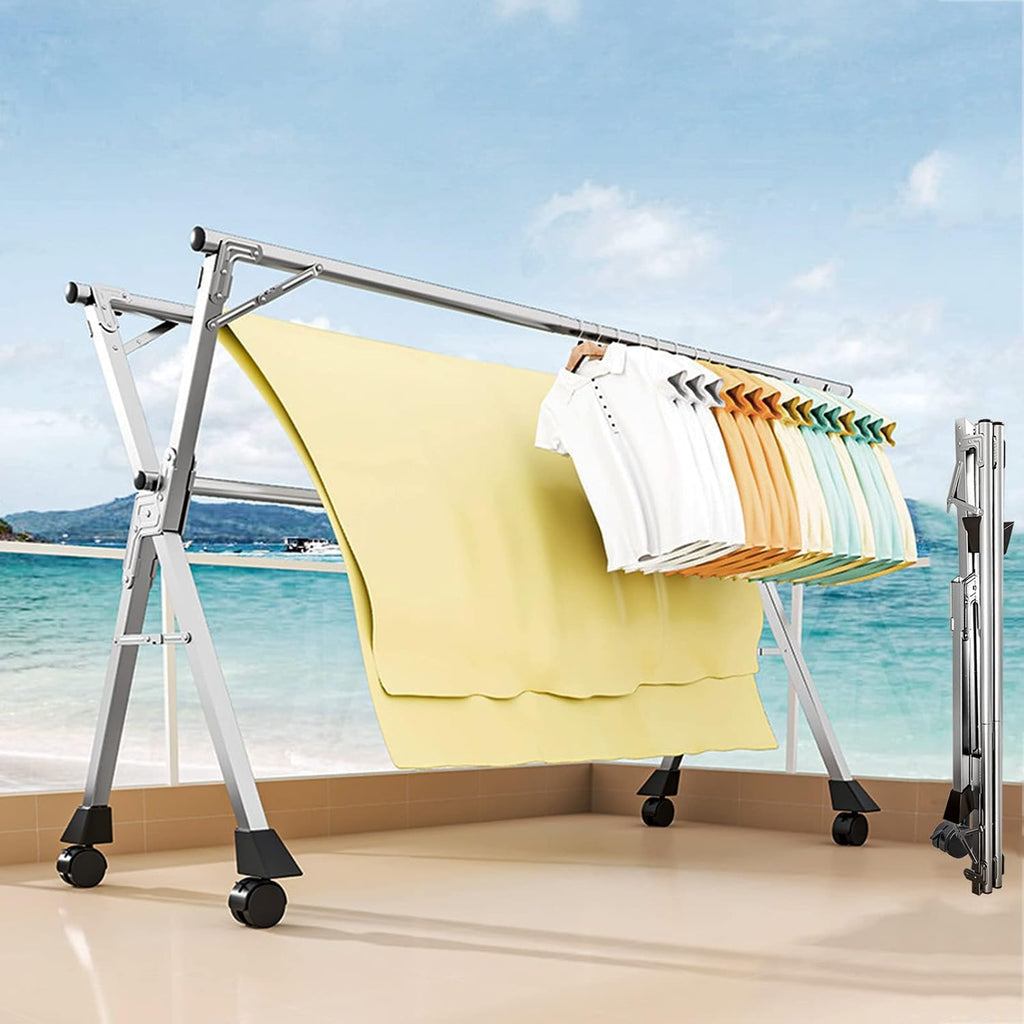 Heavy Duty Retractable Drying Rack - 2.4m Collapsible Stainless Steel Clothes Airer, Indoor/Outdoor Folding Garment Rack, Space-Saving Clothes Rail, Easy Installation