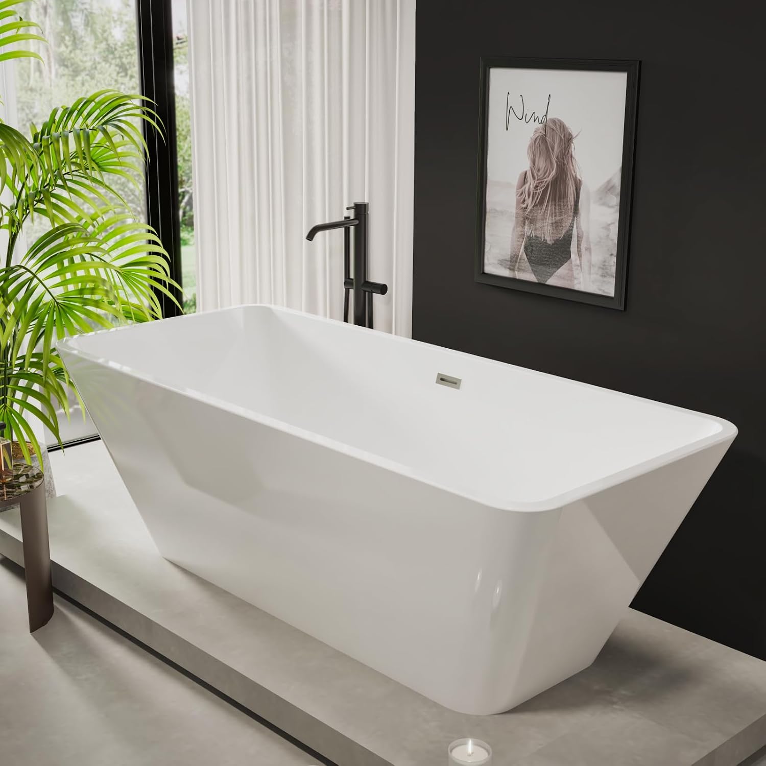 66 Inch Freestanding Bathtub, Acrylic Deep Soak Tub, Glossy White, Easy Install with Overflow & Drain