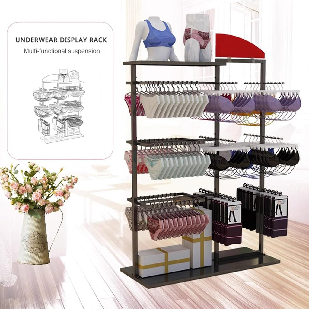 Heavy Duty Underwear Display Stands, Wrought Iron Floor-Standing Display Stand, Garment Racks with Top Storage Shelf and Hanging Bar, for Bag Skirts Socks Panties Shorts Underwear Bra