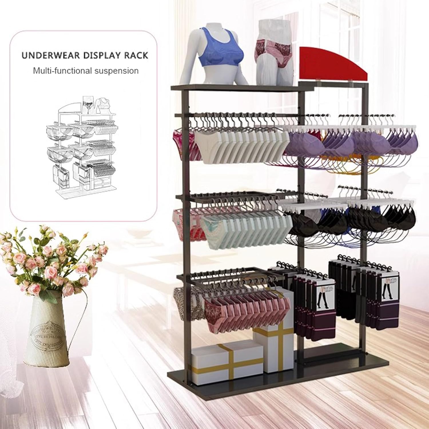 Heavy Duty Underwear Display Stands, Wrought Iron Floor-Standing Display Stand, Garment Racks with Top Storage Shelf and Hanging Bar, for Bag Skirts Socks Panties Shorts Underwear Bra