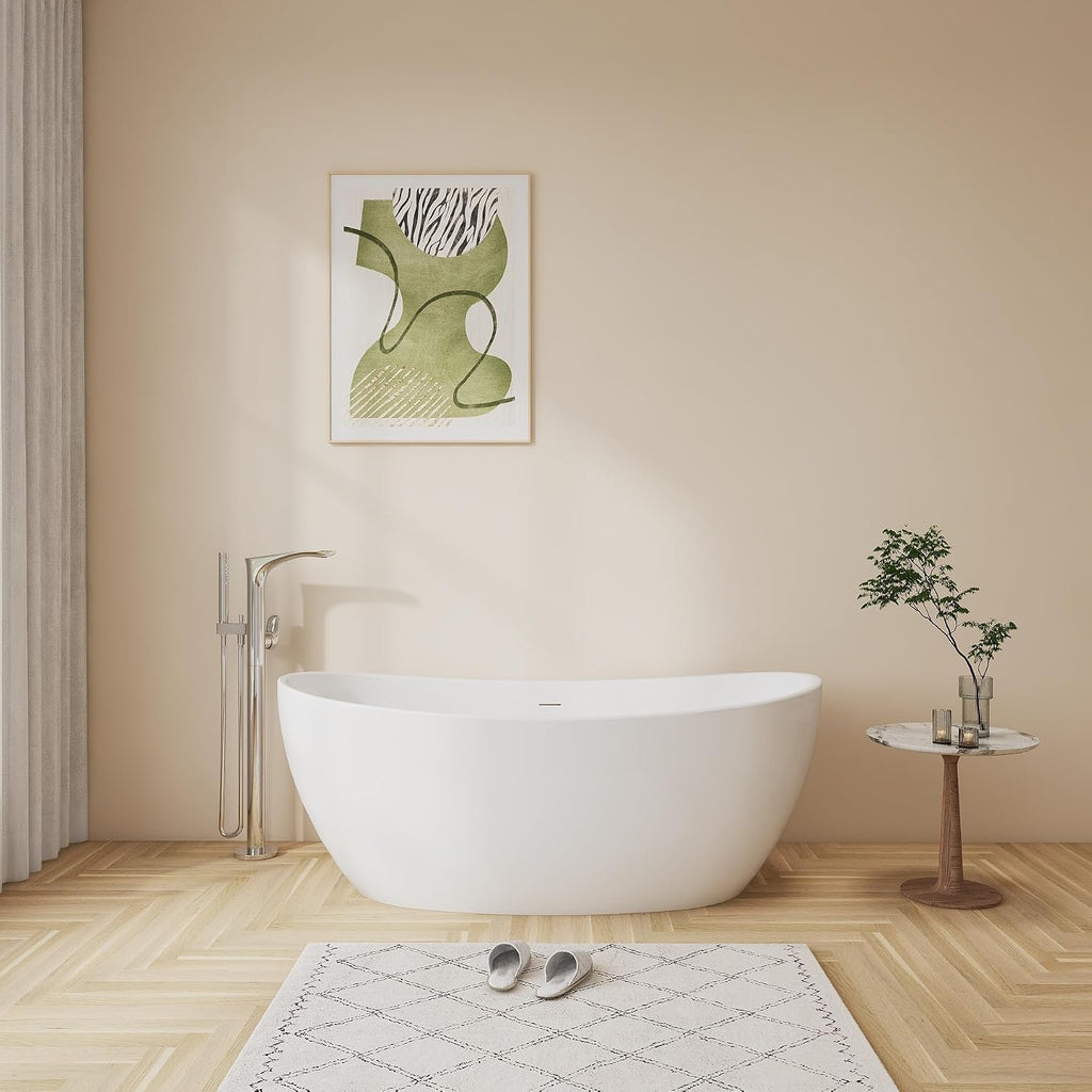 60' Upgraded Contemporary Oval Freestanding Bathtubs, Premium White Stand Alone Soaking Tub with CUPC Drain