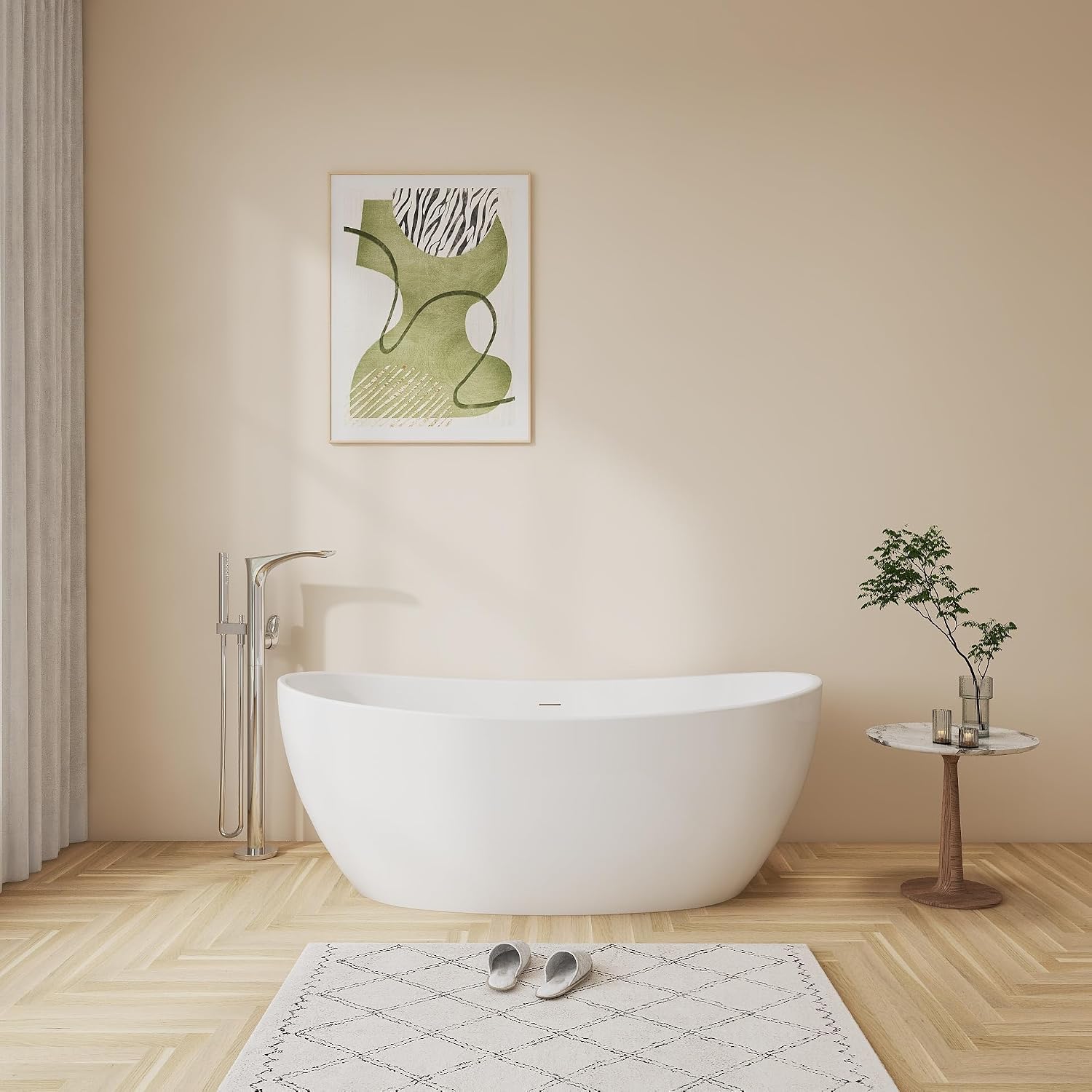 60' Upgraded Contemporary Oval Freestanding Bathtubs, Premium White Stand Alone Soaking Tub with CUPC Drain