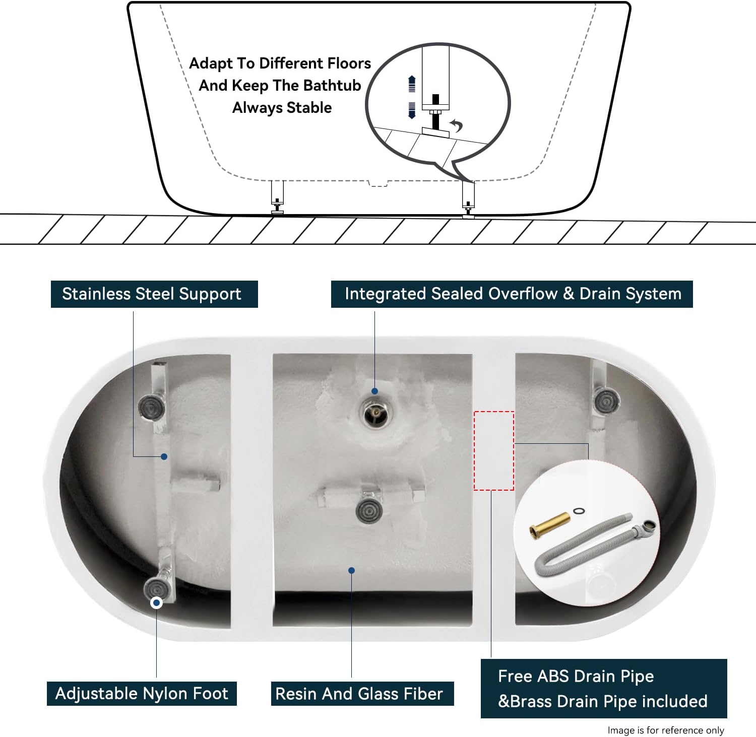 FerdY Nauru 59' Acrylic Freestanding Bathtub, Gracefully Shaped Freestanding Soaking Bathtub with Brushed Nickel Drain & Back Scrubber for Shower,Long Handled Loofah on a Stick, Body Brush