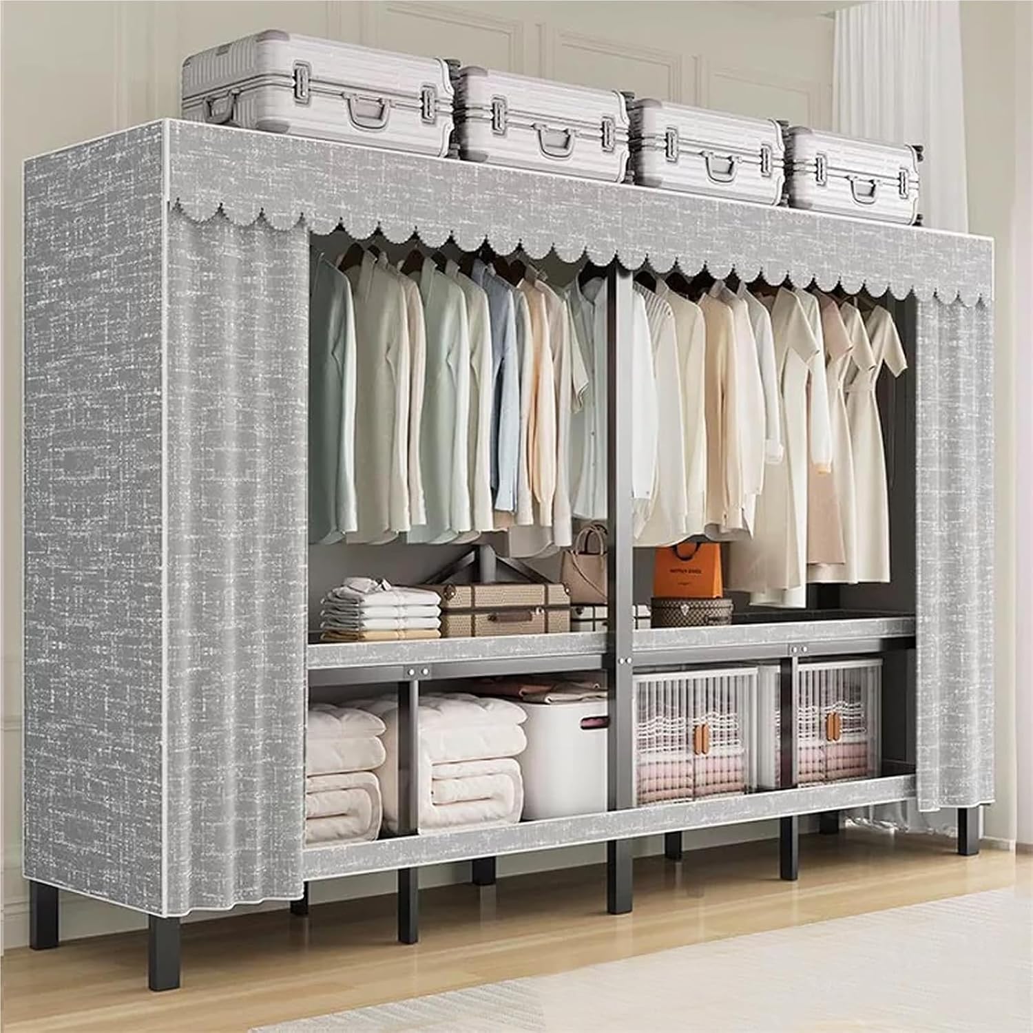 Foldable Covered Clothes Rack,Heavy Duty Portable Closet with Cover 1200lbs,for Hanging, Wardrobe Closet System Freestanding Coat Storage Garment Racks Enclosed with Independent Area`(152X52X172CM)