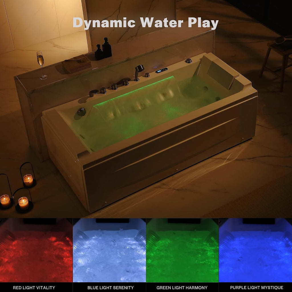 Empava Acrylic Whirlpool Bathtub, 71-Inch Jetted Bathtub with Healing Chromotherapy, Heated tub with LED Control Panel, Comforting Hydro Massage Tub with Waterfall, Brushed Nickel Hardware and Nozzles