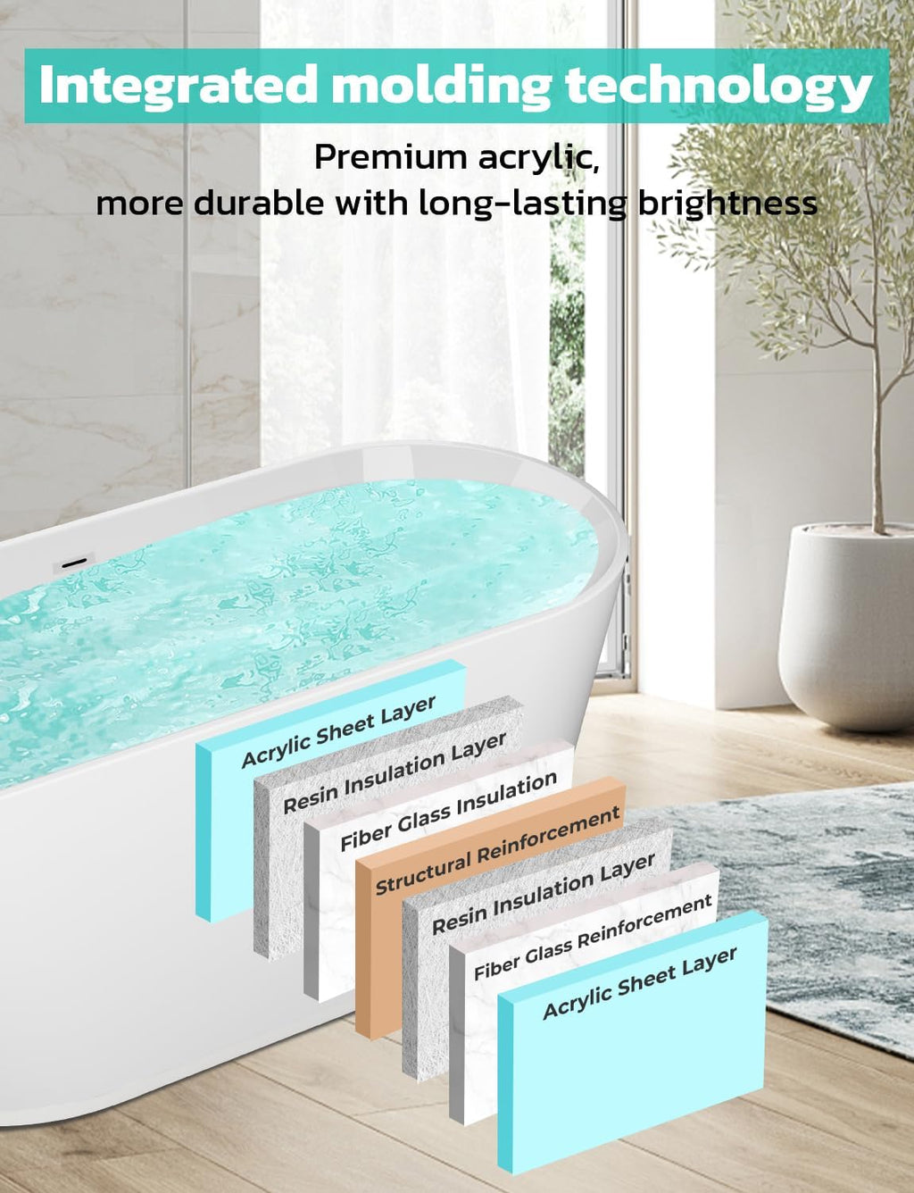 Zevemomo 67Inch Acrylic Freestanding Bathtub, Modern Stand Alone Soaking Tub with Brushed Nickel Overflow and Drain