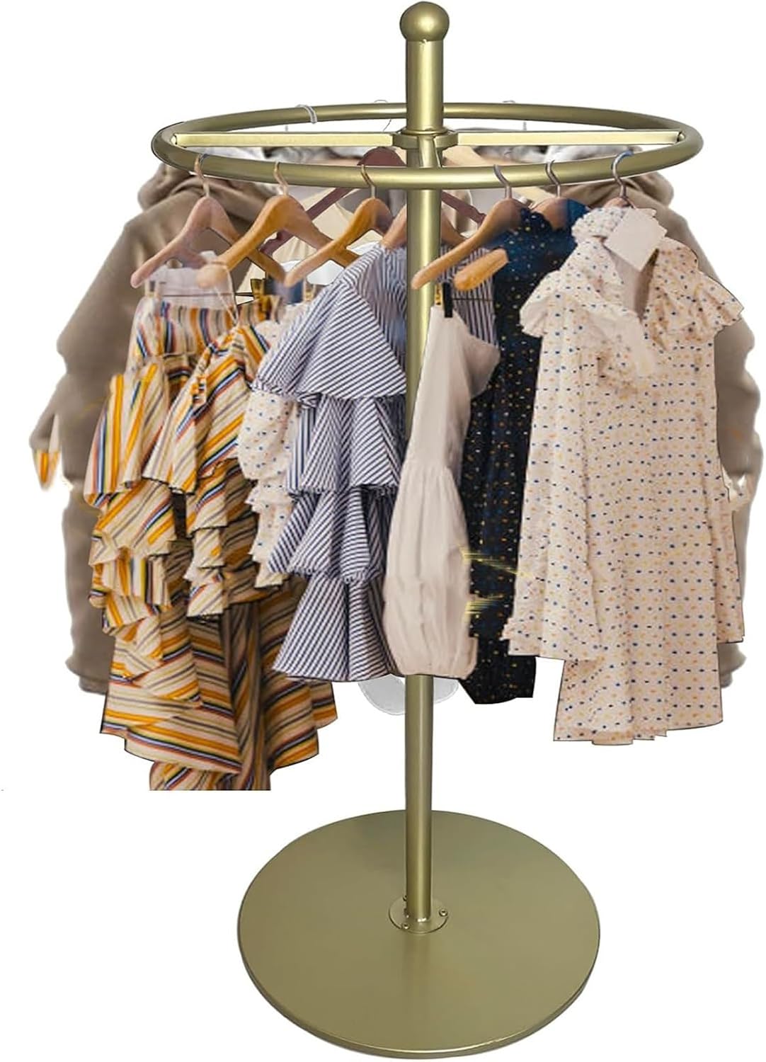 360° Rotating Round Garment Rack, Floor Standing Clothing Stand, Clothes Retail Display Shelf, for Bedroom Boutique Commercial Shop Laundry Room, 21 * 61 * 21in(Gold)