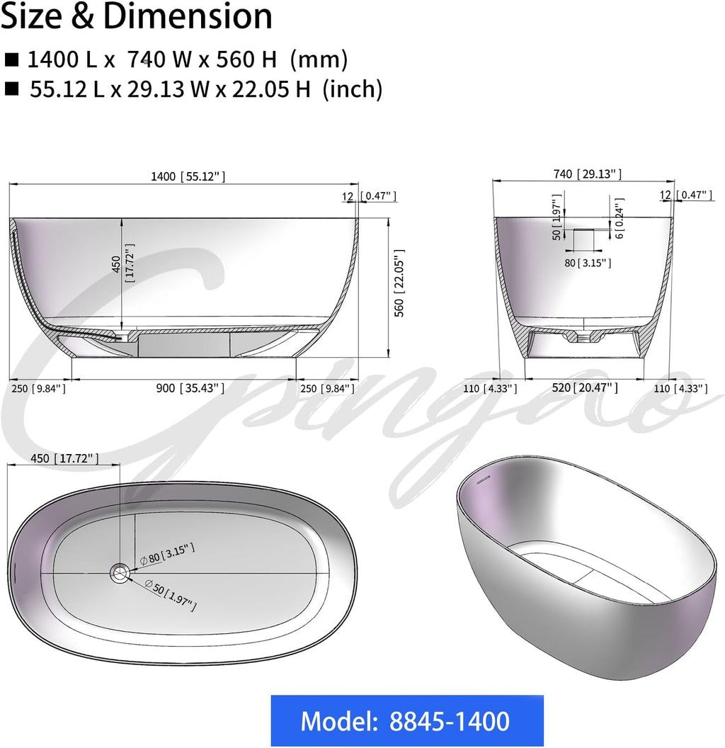 Cpingao 55' Stone Resin Freestanding Bathtub, Oval Contemporary Soaking Tubs, Solid Surface Stand Alone Tub with Drain & Integrated Slotted Overflow Matte White 8845-1400