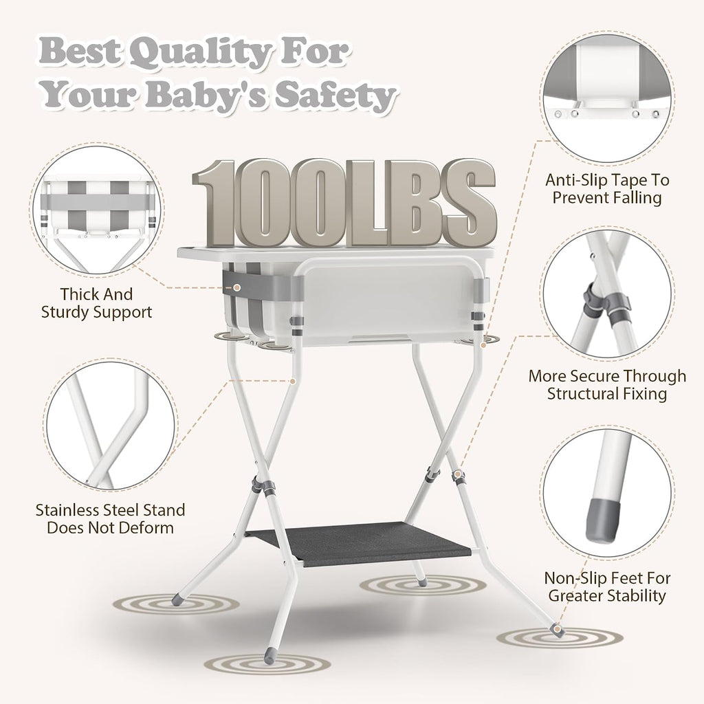 iNeibo Collapsible Baby Bathtub with Stand and Soft Infant Cushion - Suitable for 0-36 Months Toddlers - Back Pain Saving Design