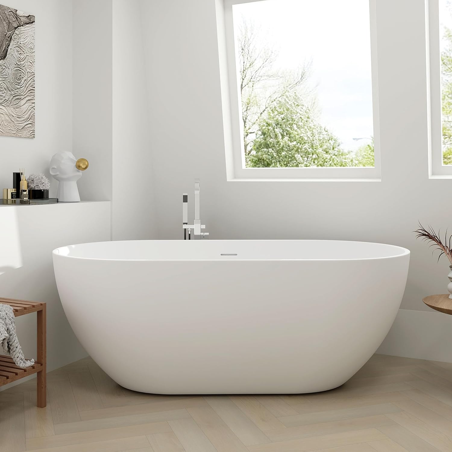 SJ STAR&JANE 59' Solid Surface Freestanding Bathtub, Matte White Oval Soaking Stone Resin Tub with Overflow and Pop-up Drain for Modern Bathrooms
