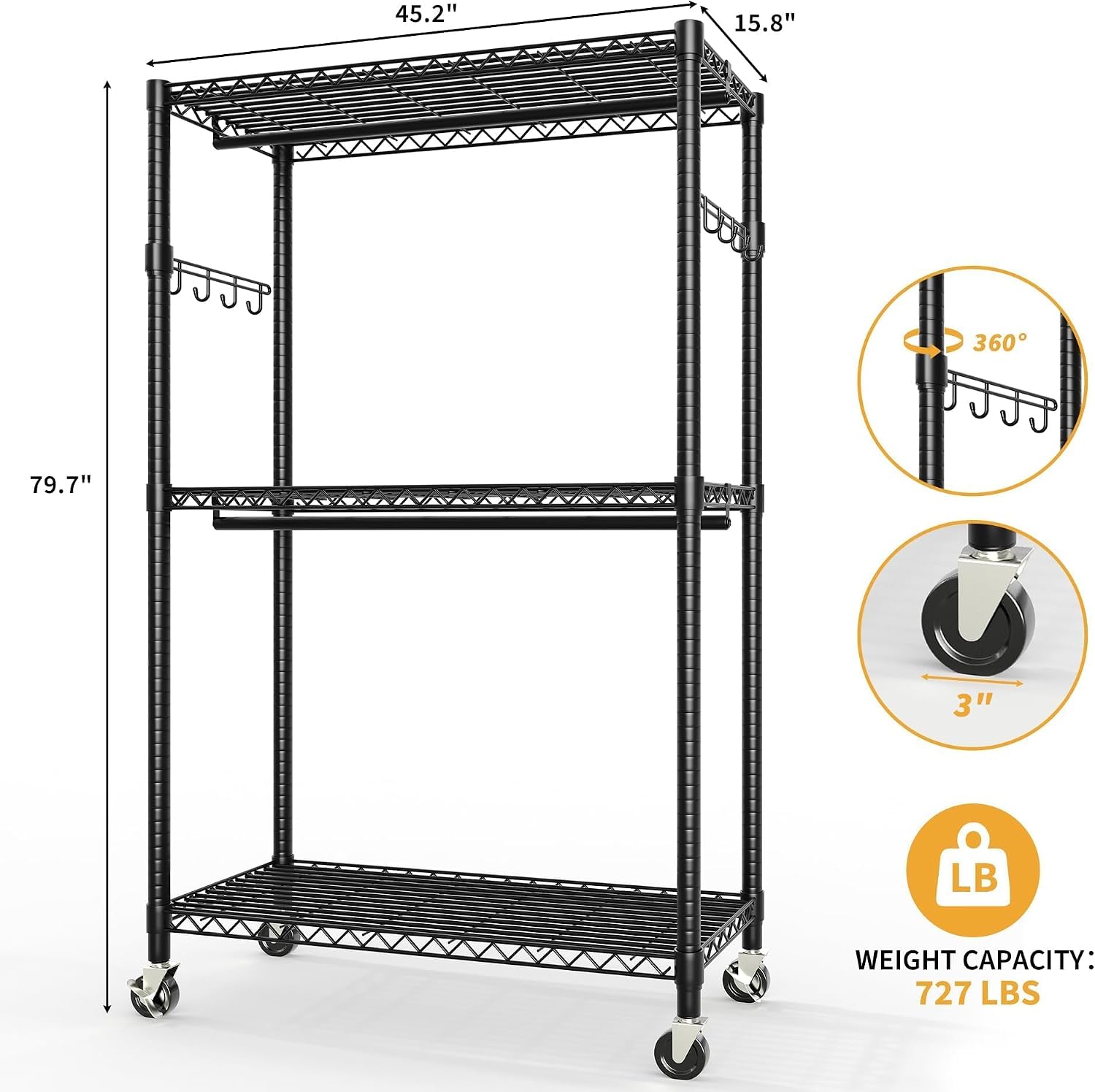 3-Tier Rolling Garment Rack, Heavy Duty Clothing Organizer with Adjustable Shelves & Dual Hanging Rods, Freestanding Metal Rack with Locking Casters for Bedroom, Closet, Dorm, Laundry Room - Black