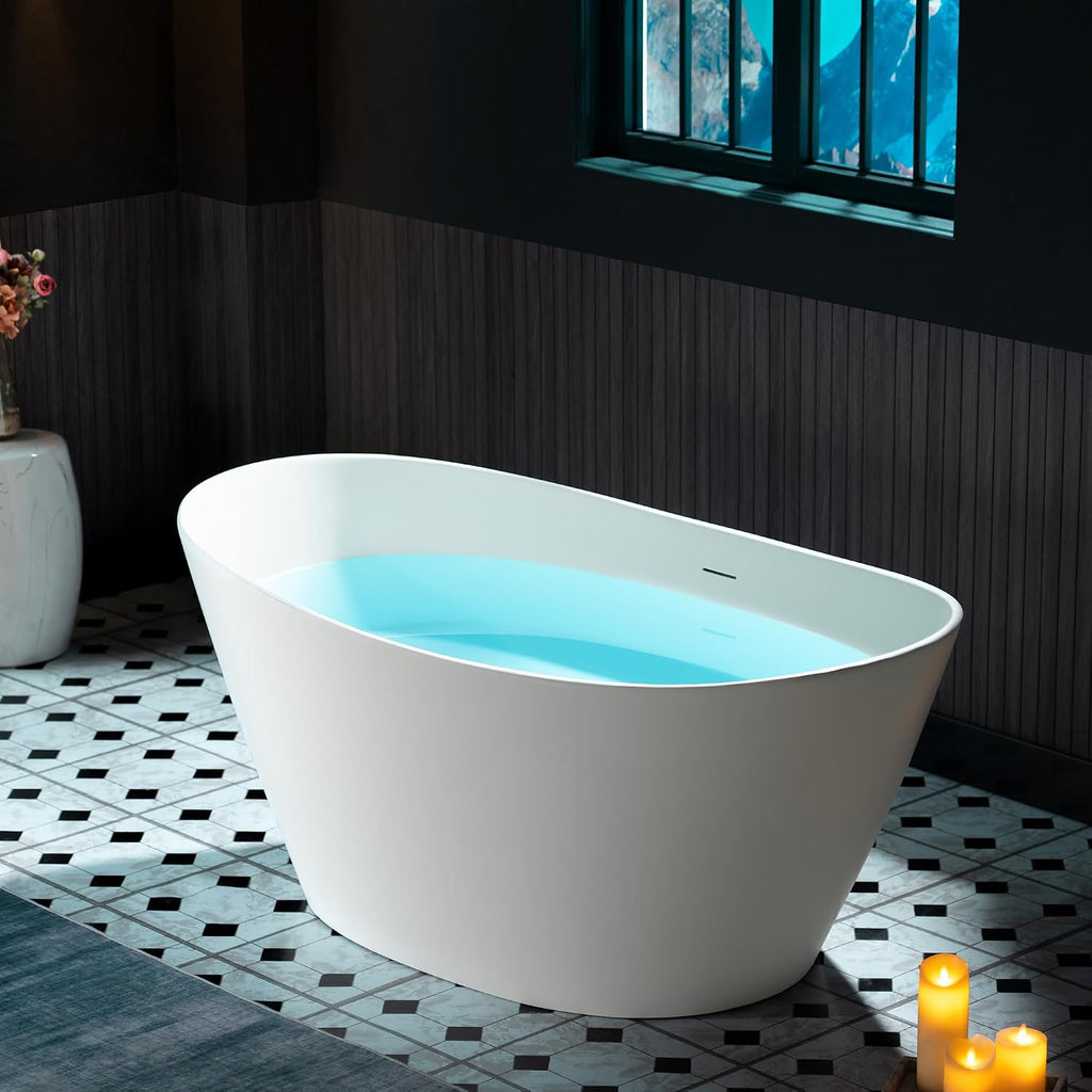 WOODBRIDGE 59 in. x 33.5 in. Stone Resin Luxury Contemporary Solid Surface Freestanding Bathtub in Matte White