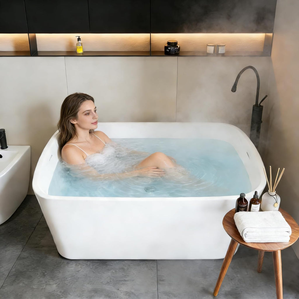 Garvee 49' Acrylic Freestanding Bathtub, Modern Deep Soaking Tub, cUPC Certified Free Standing Tub, Chrome Drain/Overflow, White Acrylic, White Square