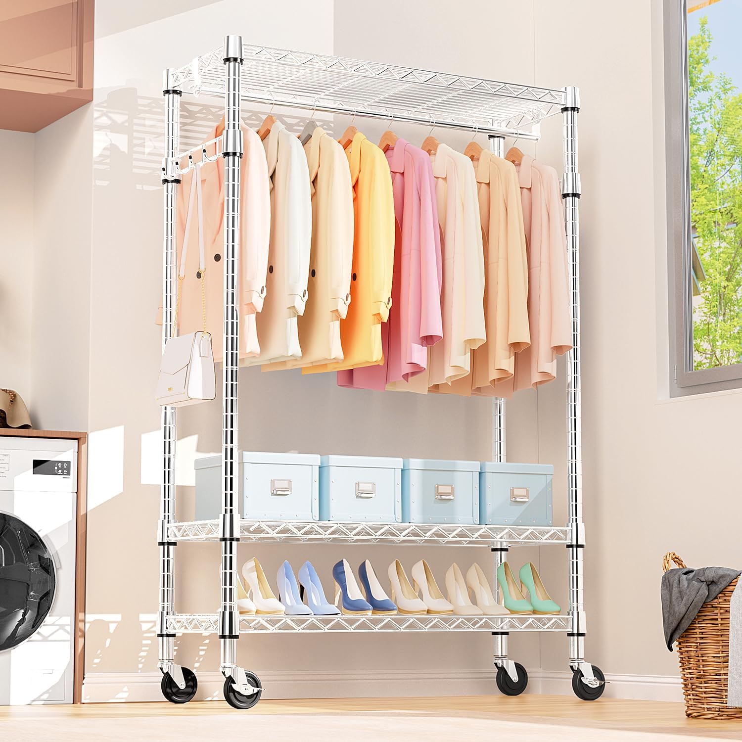 M MZG 2 PCS Heavy Duty Rolling Garment Rack 3 Tiers Adjustable Wire Shelving Clothes Rack with Rod and Side Hooks, Storage Closet Clothing Rack with Wheels Chrome 17.7' D x 47.2' W x 83.6' H
