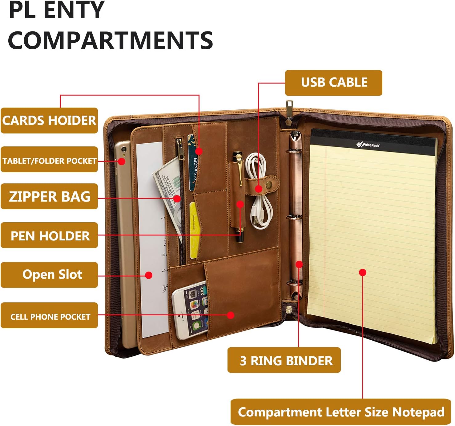 YIWEN Personalized Leather 3 Ring Binder Portfolio with Front Pocket, Zippered Padfolio for 8.5 x 11' Notepad and 13' Tablet, Professional Business Travel Organizer (Brown, Crazy Horse Leather)