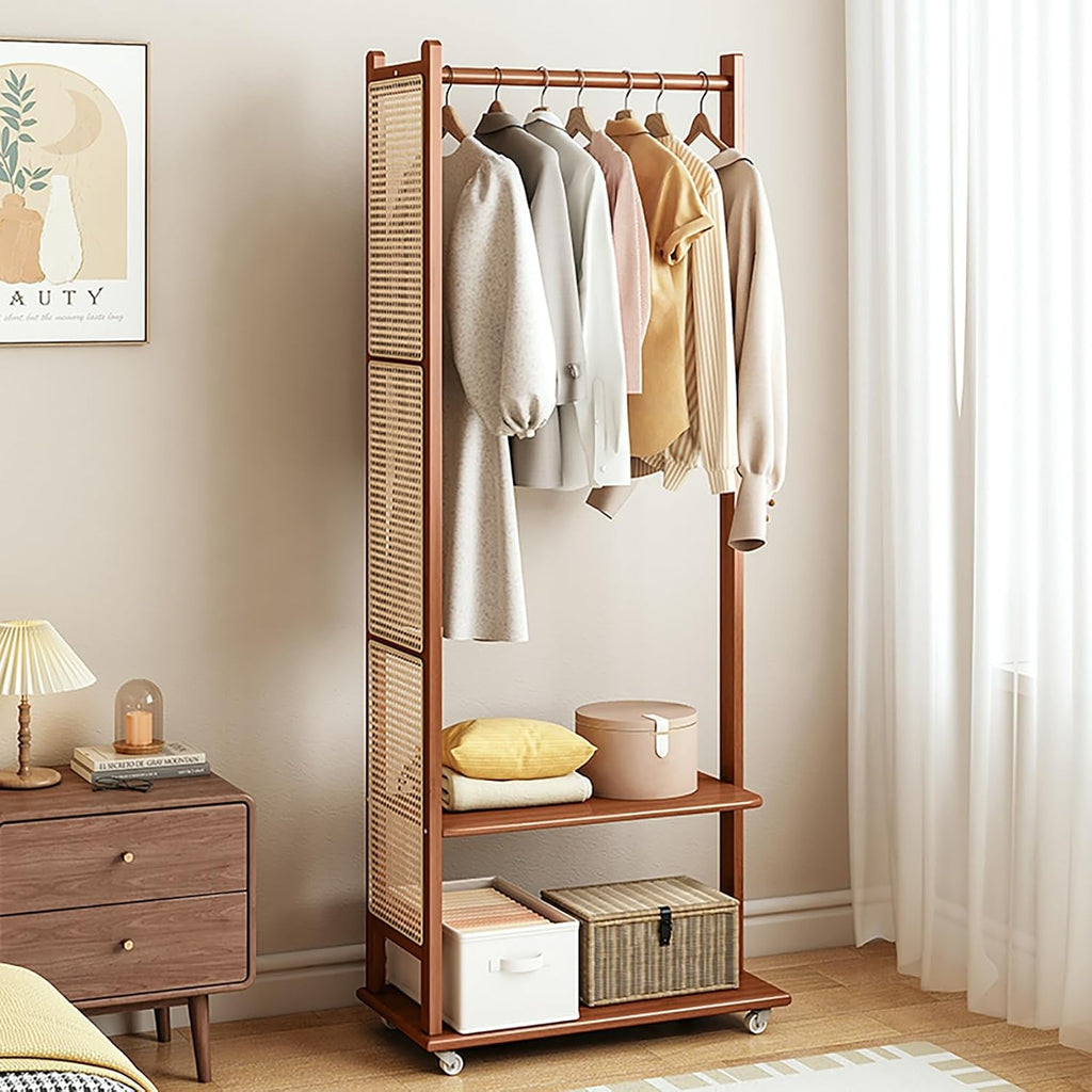 Heavy Duty Clothes Rack With 2 Shelves,solid Wood Garment Racks With Wheels,Clothing Rack For Hanging Clothes,Rolling Hanger Racks For Bedroom(Walnut,66cm/26in)