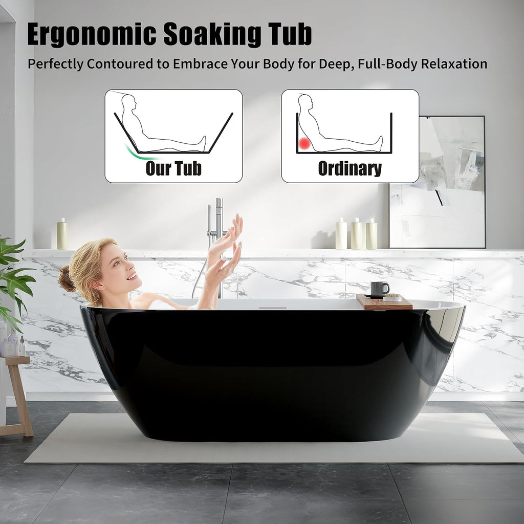 GarveeTech 59' Acrylic Freestanding Bathtub - Glossy Black Oval Soaking Tub with Chrome Overflow & Drain Kit, CUPC Certified