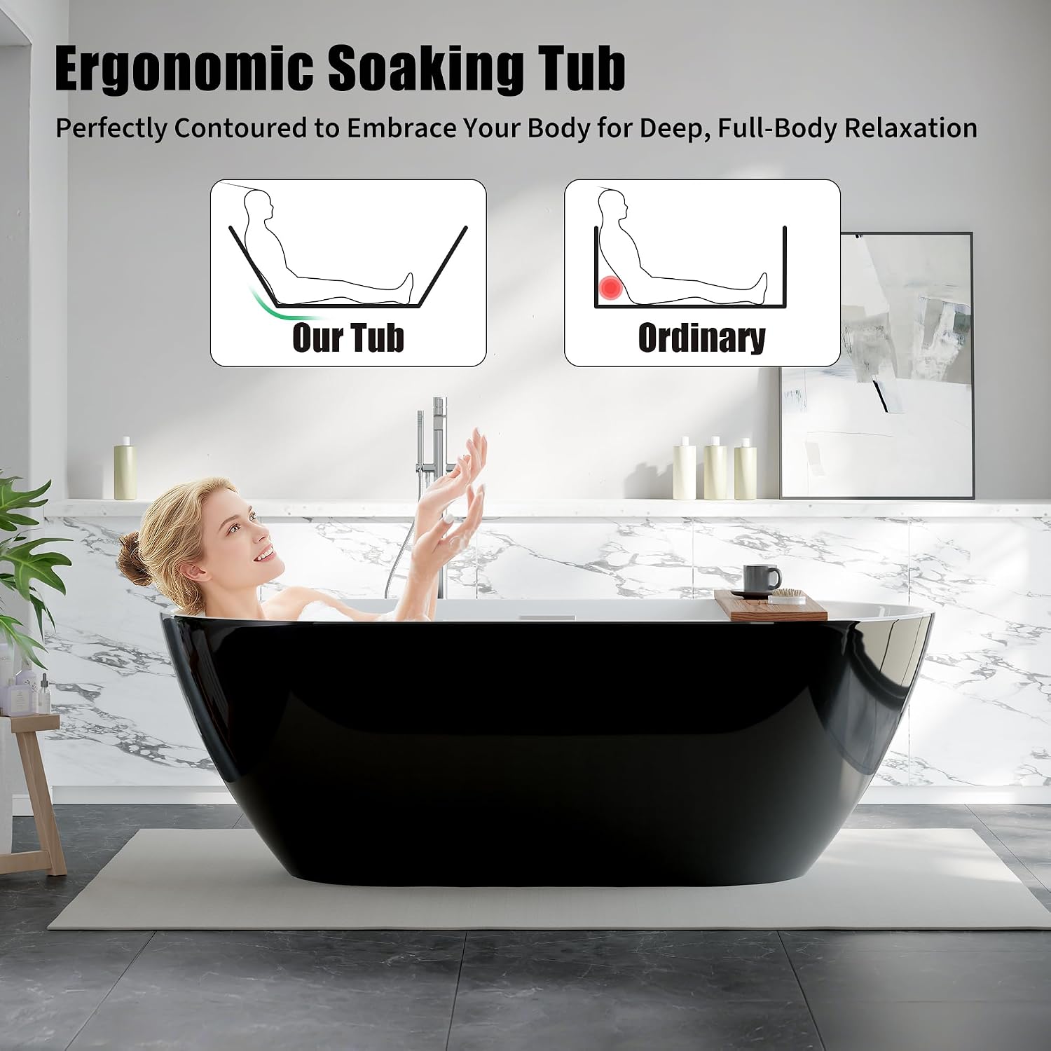 GarveeTech 59' Acrylic Freestanding Bathtub - Glossy Black Oval Soaking Tub with Chrome Overflow & Drain Kit, CUPC Certified
