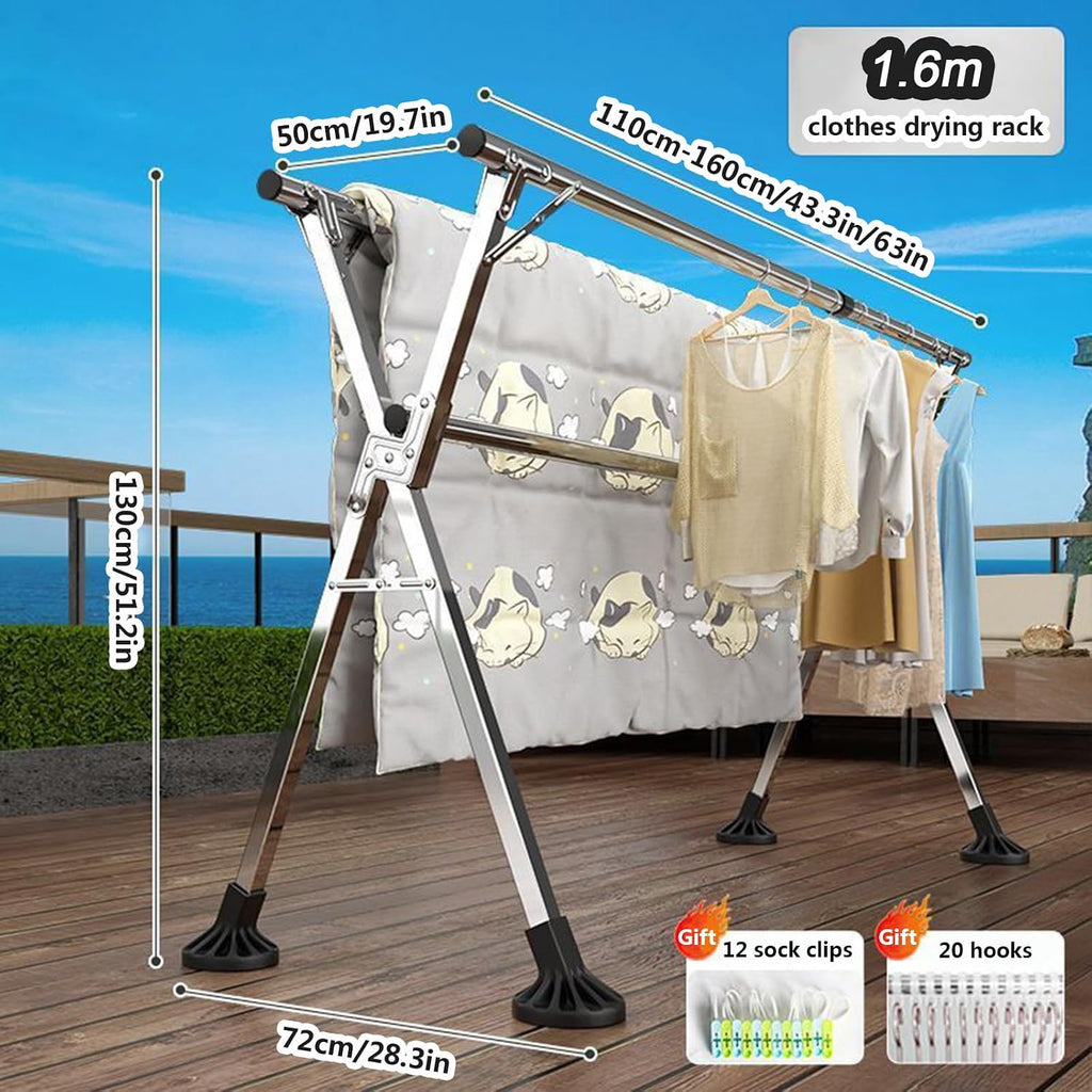 Upgraded Free Standing Clothes Rack Retractable, Foldable Drying Clothes Rack Heavy Duty Collapsible Garment Rack, 3 Poles Cloth Drying Rack with 20 Hooks and 12 Clips,1.1~1.6m (3.6ft~5.2ft)