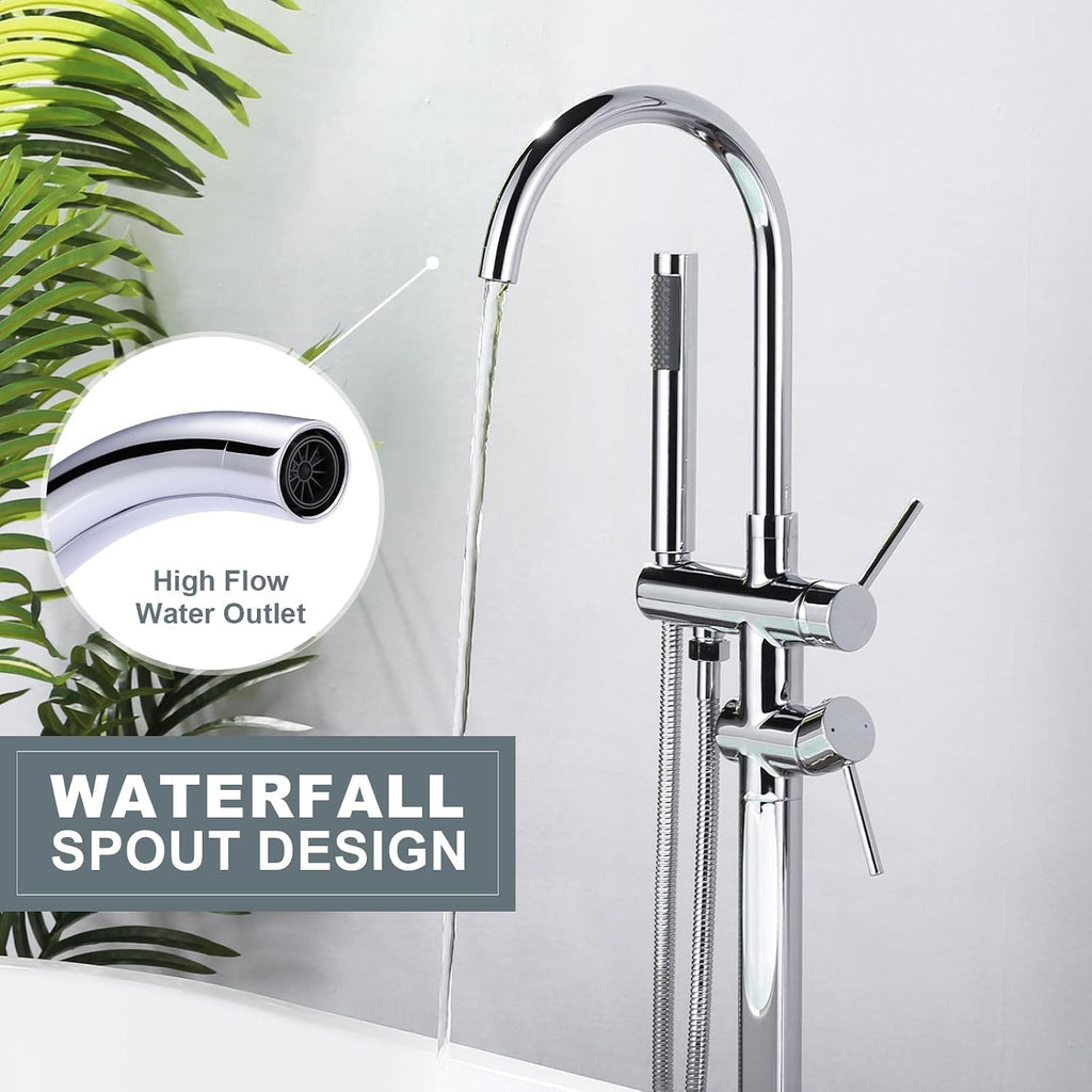 Freestanding Tub Filler Faucet, Floor Mount Chrome Bathtub Faucet with Single Handheld Shower, Brass Shower Tub Faucet Set Complete, Bathtub Faucet with Shower