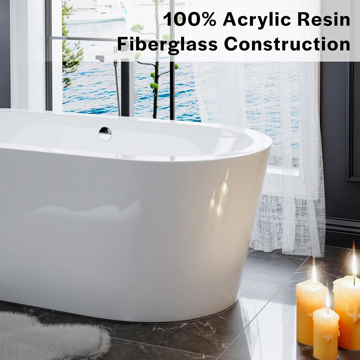 Empava Bathtub, 59' Soaking Tub, Acrylic Free Standing Tub with Center Drain and Overflow,Contemporary Design Bathtubs for Bathroom, cUPC Certified, Glossy White (Pack of 1)