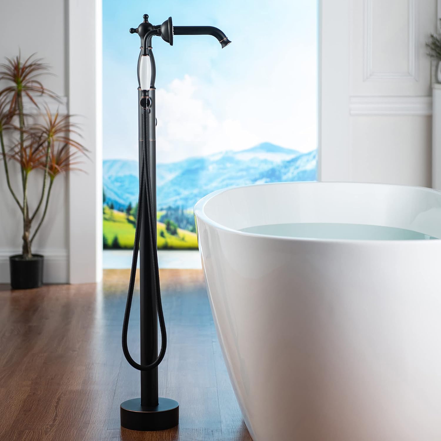 WOODBRIDGE Contemporary Single Handle Floor Mount Freestanding Tub Filler Faucet with Hand Shower in Oil Rubbed Bronze Finish