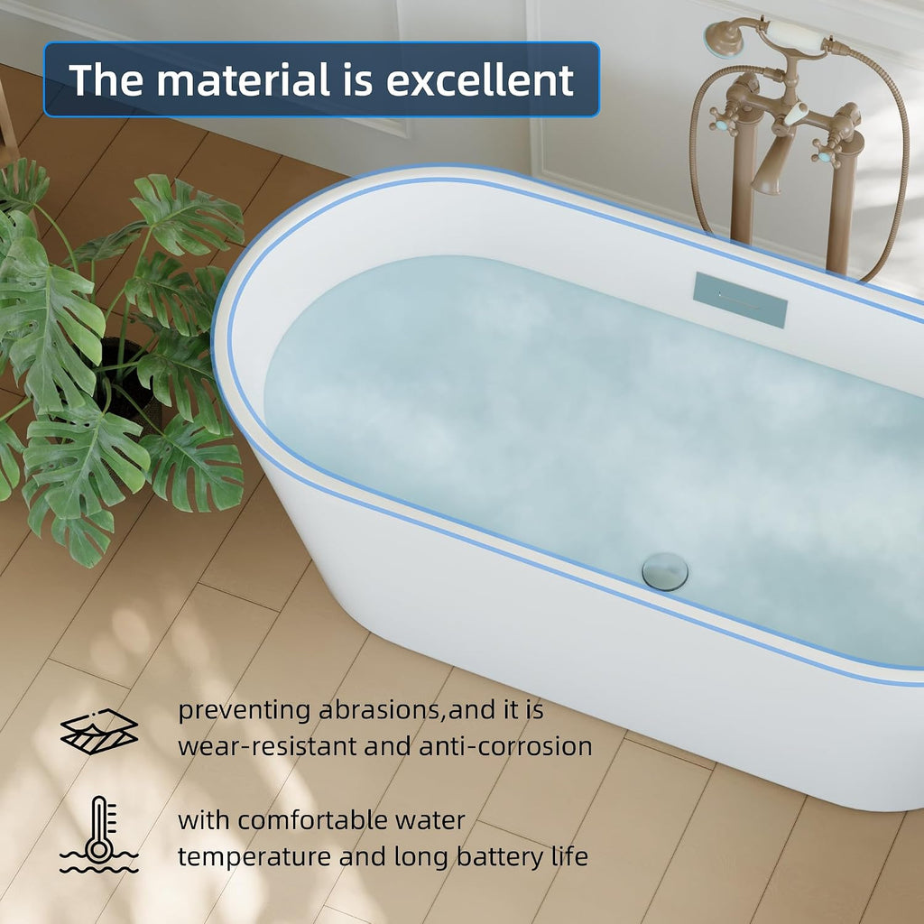 67' Free Standing Tub, Acrylic Soaking Bathtub, Stand Alone Freestanding Tub with Matte Sliver Drain and Overflow, Contemporary Bathtub for Bathroom, Burnish White