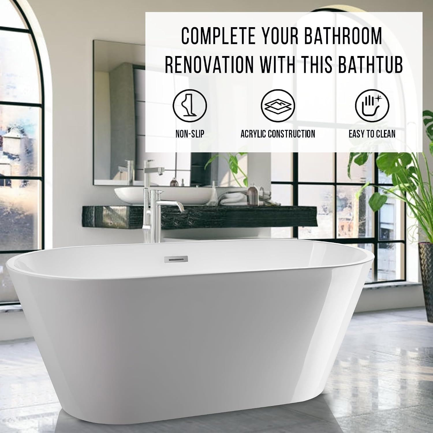 Vanity Art 54' X 29' Non-Slip Acrylic Freestanding Bathtub | Contemporary Design Soaking Tub with Overflow and Pop-up Drain, UPC Certified VA6815-NXSW-ORB