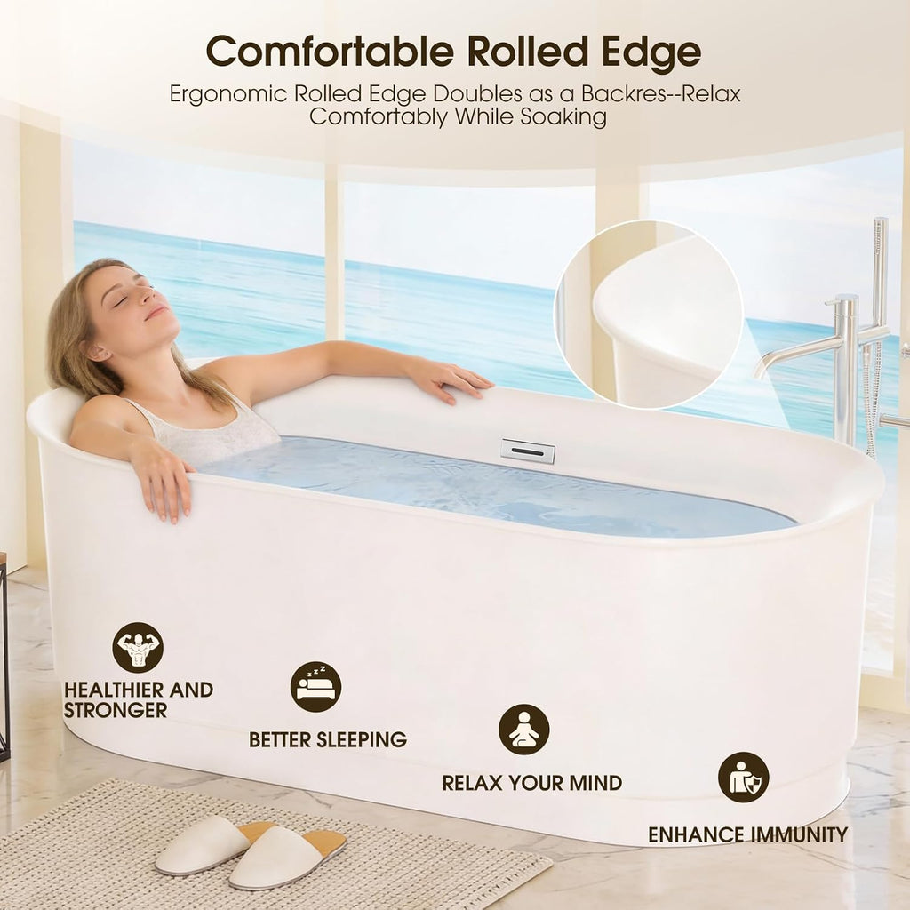 67' Acrylic Freestanding Bathtub, 15' Deep Soaking Tub with Integrated Overflow & Drain, CUPC Certified Free Standing Tub, Chrome Drain Bath Tub, Modern Tub for Bathrooms, Flip-edge White
