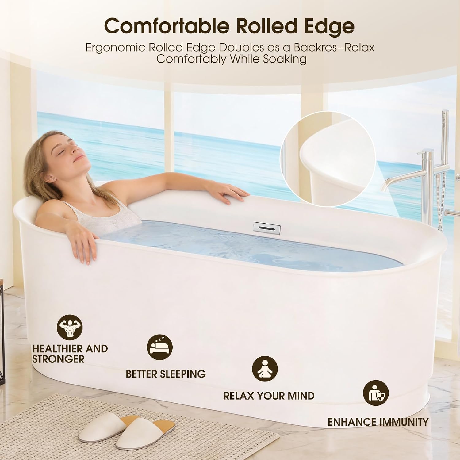67' Acrylic Freestanding Bathtub, 15' Deep Soaking Tub with Integrated Overflow & Drain, CUPC Certified Free Standing Tub, Chrome Drain Bath Tub, Modern Tub for Bathrooms, Flip-edge White