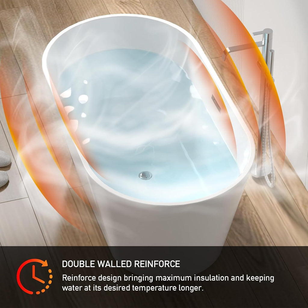 TONA 55' Acrylic Freestanding Bathtub Contemporary Soaking White Tub cUPC Certified, Toe-Tap Chrome Drain & Overflow Assembly Included