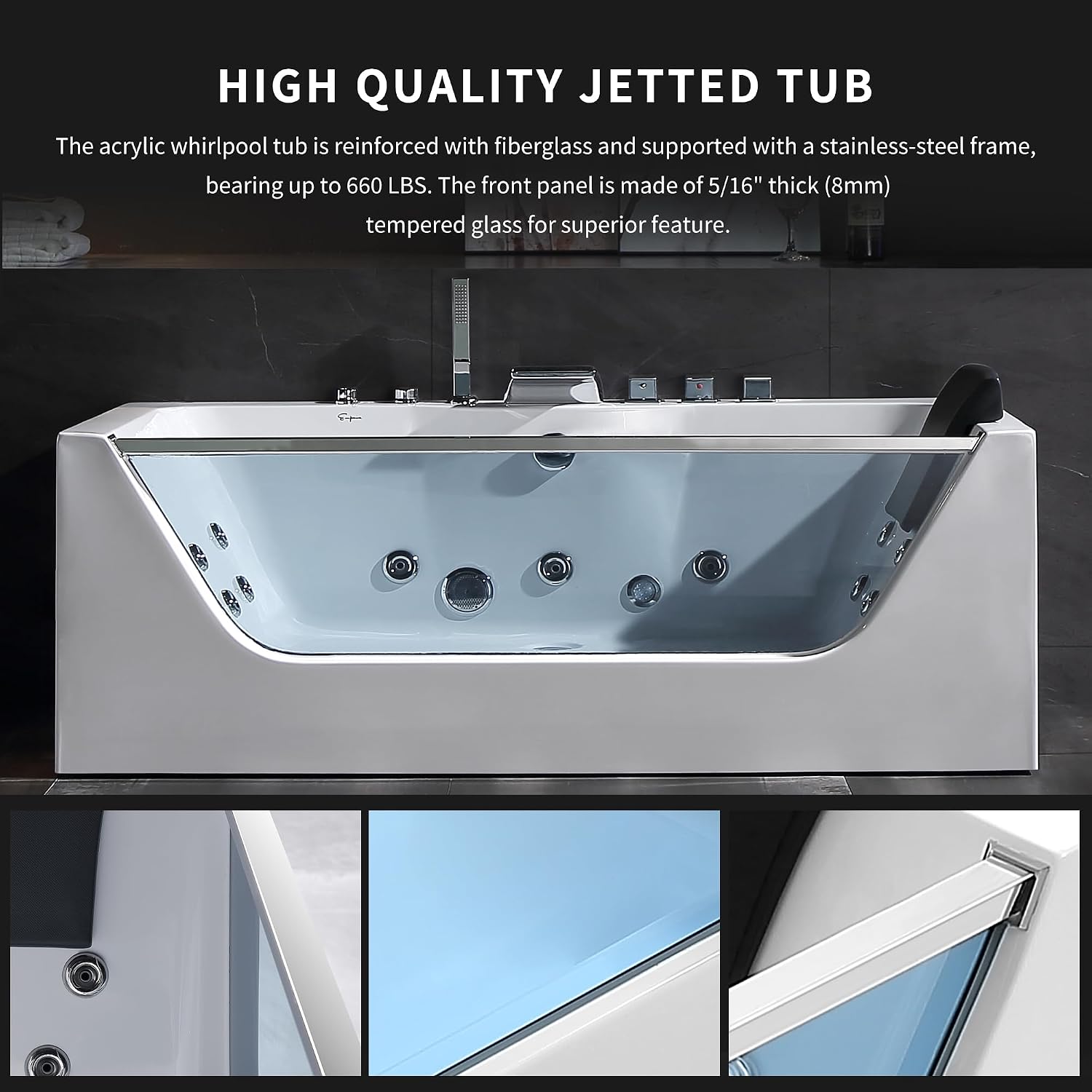 Empava 67' Whirlpool Bathtub with Chromatherapy, Hydrotherapy Jetted Bathtub with Glass Panel, 11 Jets,3-Side Apron,67 Gallons,ETL Certified, White