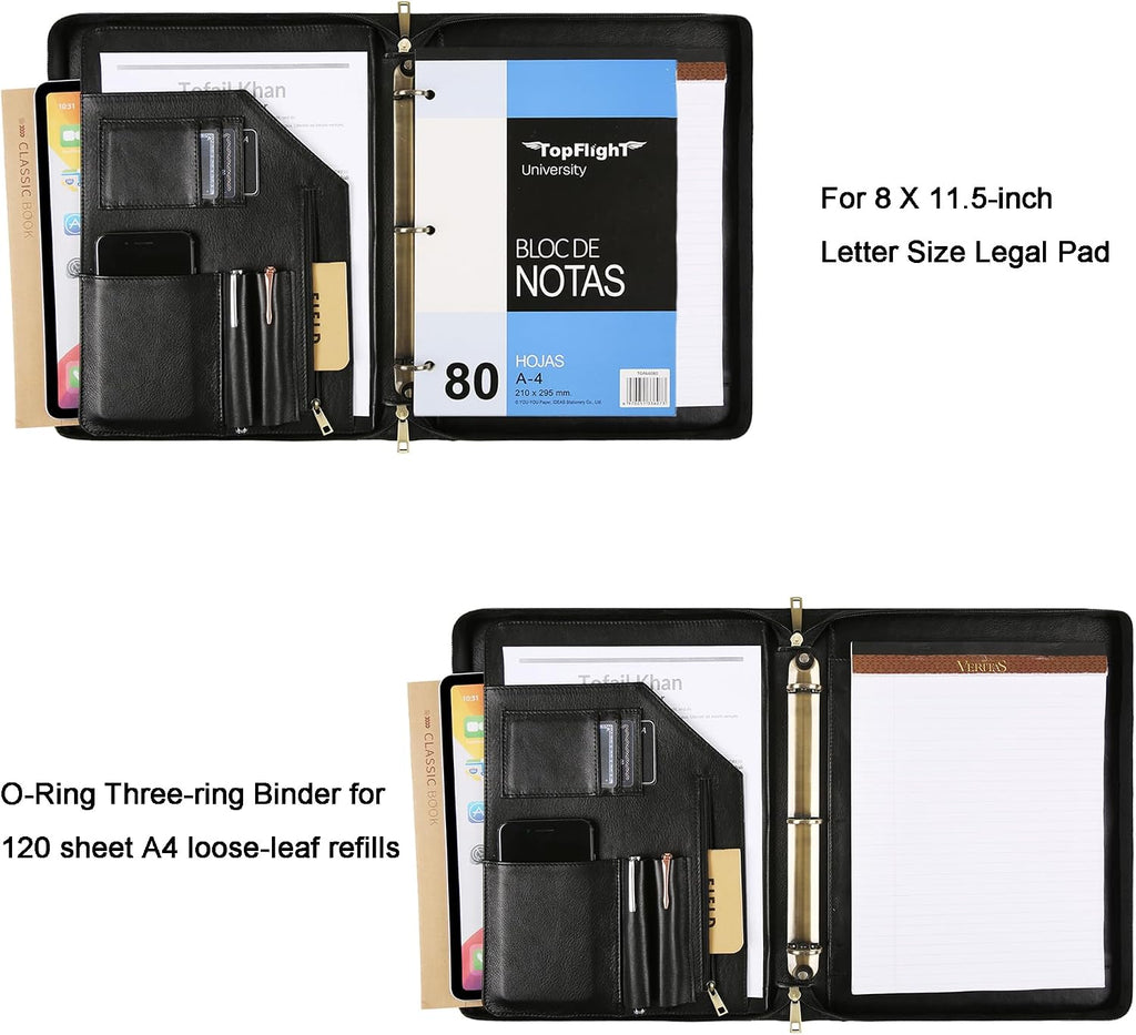 Leather Binder 3 Ring, Oil Tanned Portfolio with Notepad, Zippered Padfolio for Lawyer, Business Gift for Men/Women (Black, Non-Custom)