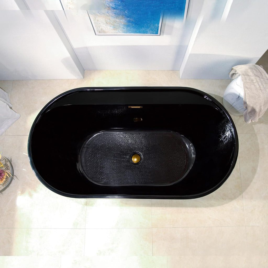WOODBRIDGE 59' L x 31-1/2' W Freestanding Contemporary Acrylic Soaking Bathtub in Glossy Black Inside and Outside with Brushed Gold Drain & Overflow,B8864-BG
