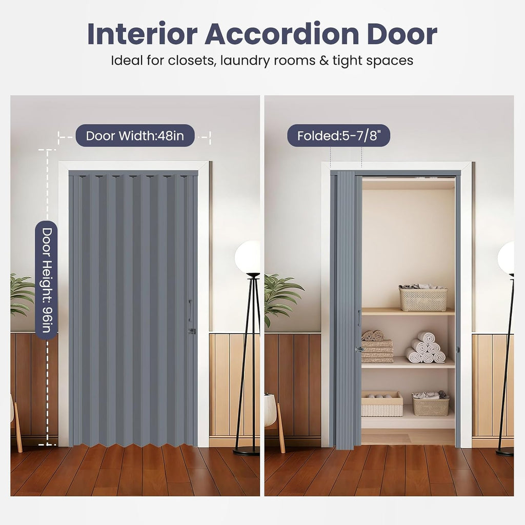 DIYHD 48X96in Interior Folding PVC Accordion Door,Grey,Include Door and Mounting Hardware,Handle,Latch,Folded Width 5-7/8'