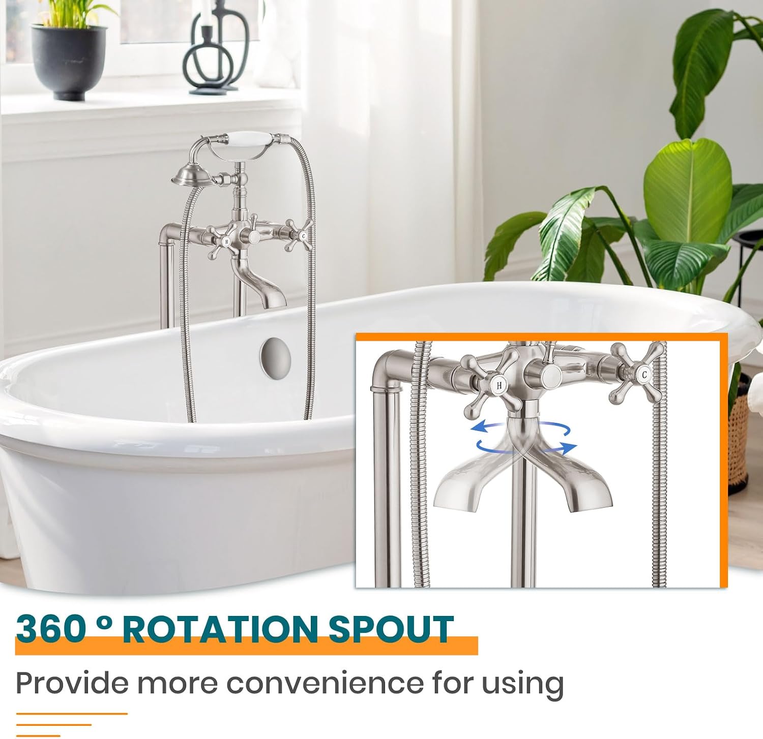 gotonovo Freestanding Bathtub Faucet Floor Mount Tub Filler with Double Cross Knobs 360° Rotation Spout High Flow Floor Standing Bathtub Shower Trumpet Shape Handheld Spray Brushed Nickel