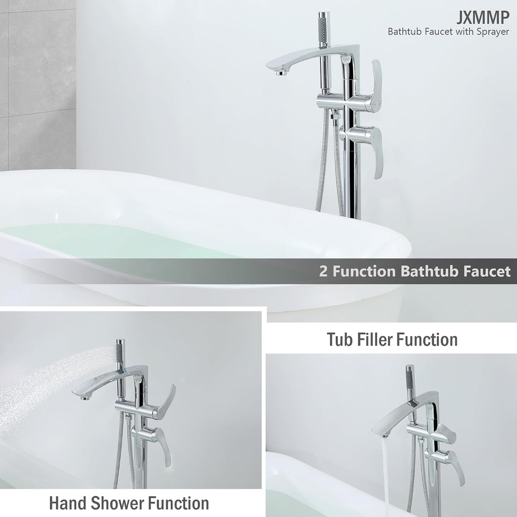 Free Standing Bathtub Faucets, Shiny Chrome Stainless Steel Floor Mount Tub Filler with 360 Rotating Spout and Hand Shower, High Flow Silver Faucet for Bath Tub JXM-F001CP