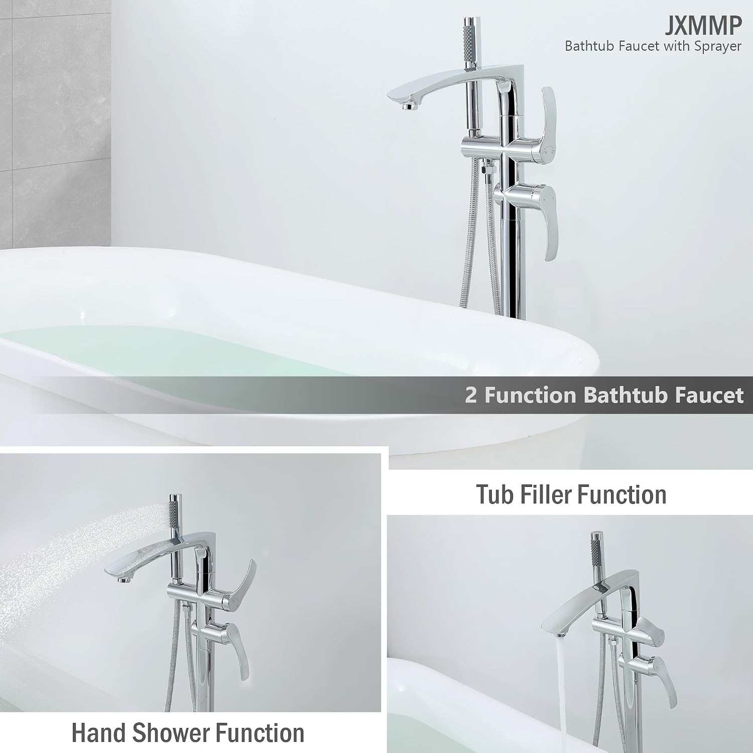 Free Standing Bathtub Faucets, Shiny Chrome Stainless Steel Floor Mount Tub Filler with 360 Rotating Spout and Hand Shower, High Flow Silver Faucet for Bath Tub JXM-F001CP