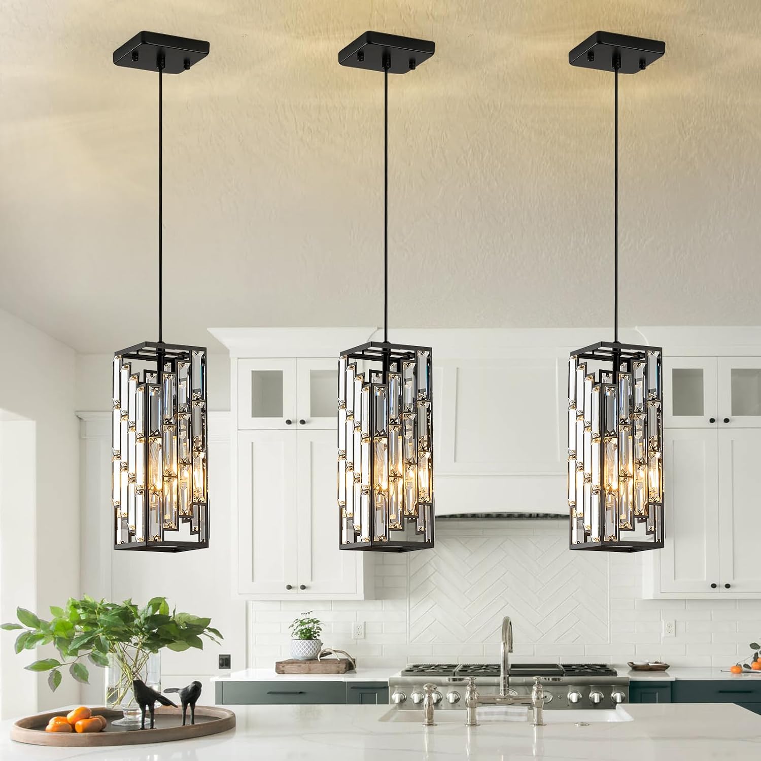 CATINER Black Crystal Pendant Lights 3 Pack, Mini Hanging Pendant Lighting Fixture with Adjustable Cord, Modern Kitchen Island Pendant Lights for Dining Room, Bedroom, Hallway, E26 Base