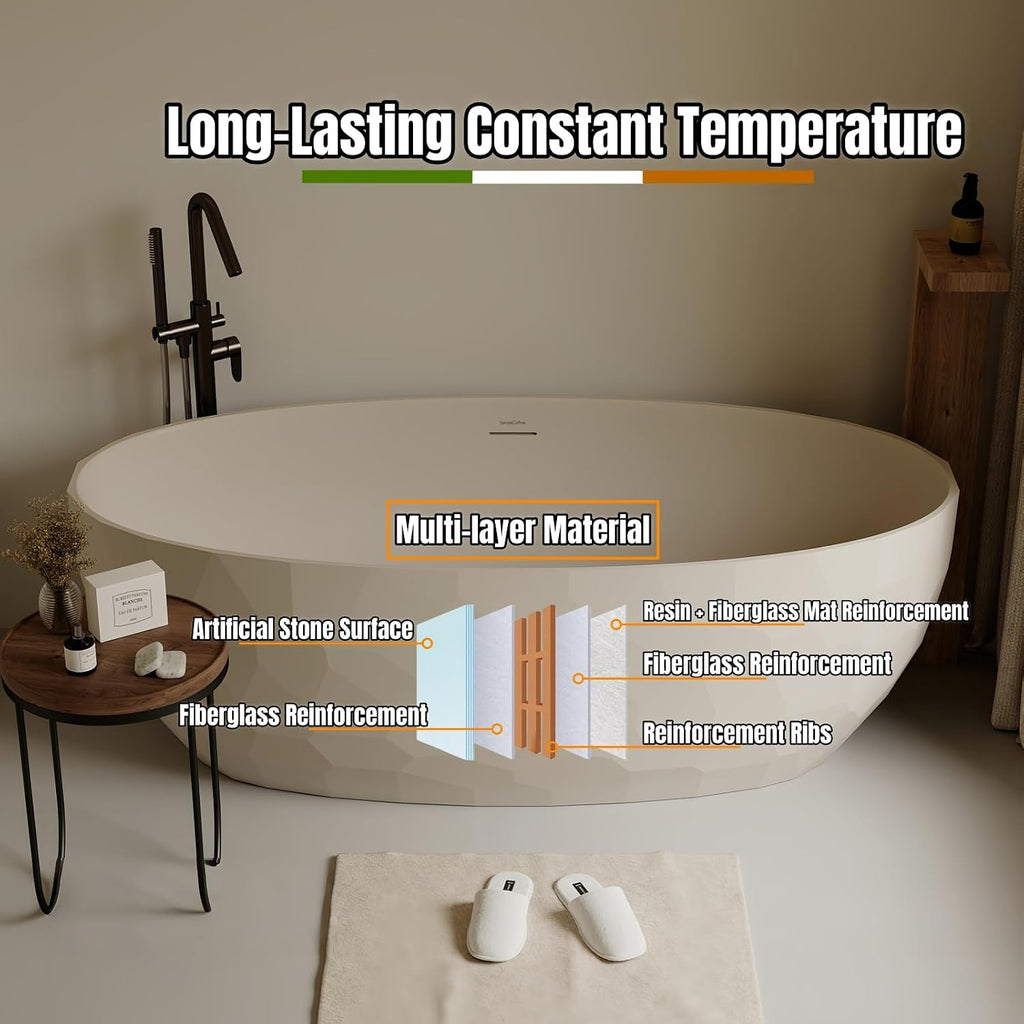 68' Edeyeu Freestanding Bathtub - Extra Deep PMMA Solid Surface Soaking Tub, Modern Free Standing Bathtub, Luxury Stand Alone Soaker Tub Suitable For Apartments, Villas, and Hotels Pink