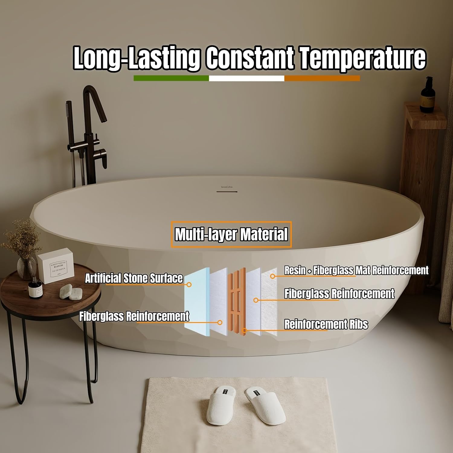 68' Edeyeu Freestanding Bathtub - Extra Deep PMMA Solid Surface Soaking Tub, Modern Free Standing Bathtub, Luxury Stand Alone Soaker Tub Suitable For Apartments, Villas, and Hotels Pink