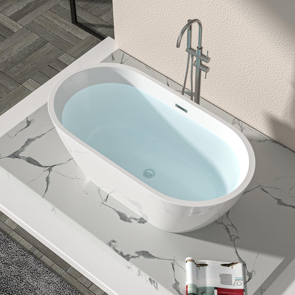 Logmey 59 Inch White Acrylic Freestanding Bathtub with Overflow Oval Shape Soaking Tub for Classic and Modern Bathrooms Chrome, Drain & Overflow Assembly Included