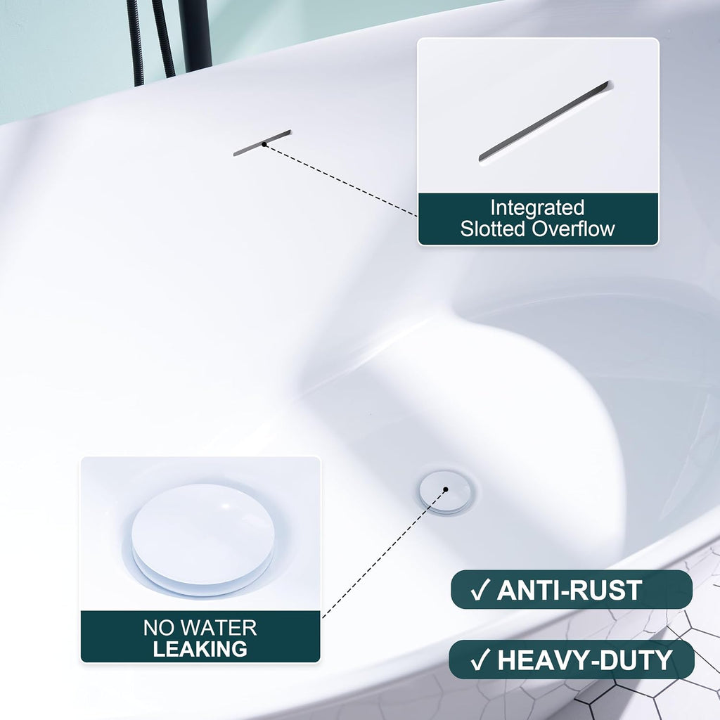 WELLFOR 70'Freestanding Acrylic Bathtub with Drain and Integrated Slotted Overflow, 65 Gallons Capacity, Soaking Bath Tub Oval Shape, Glossy White Soaking Bath Tub with Predrilled Overflow Holes