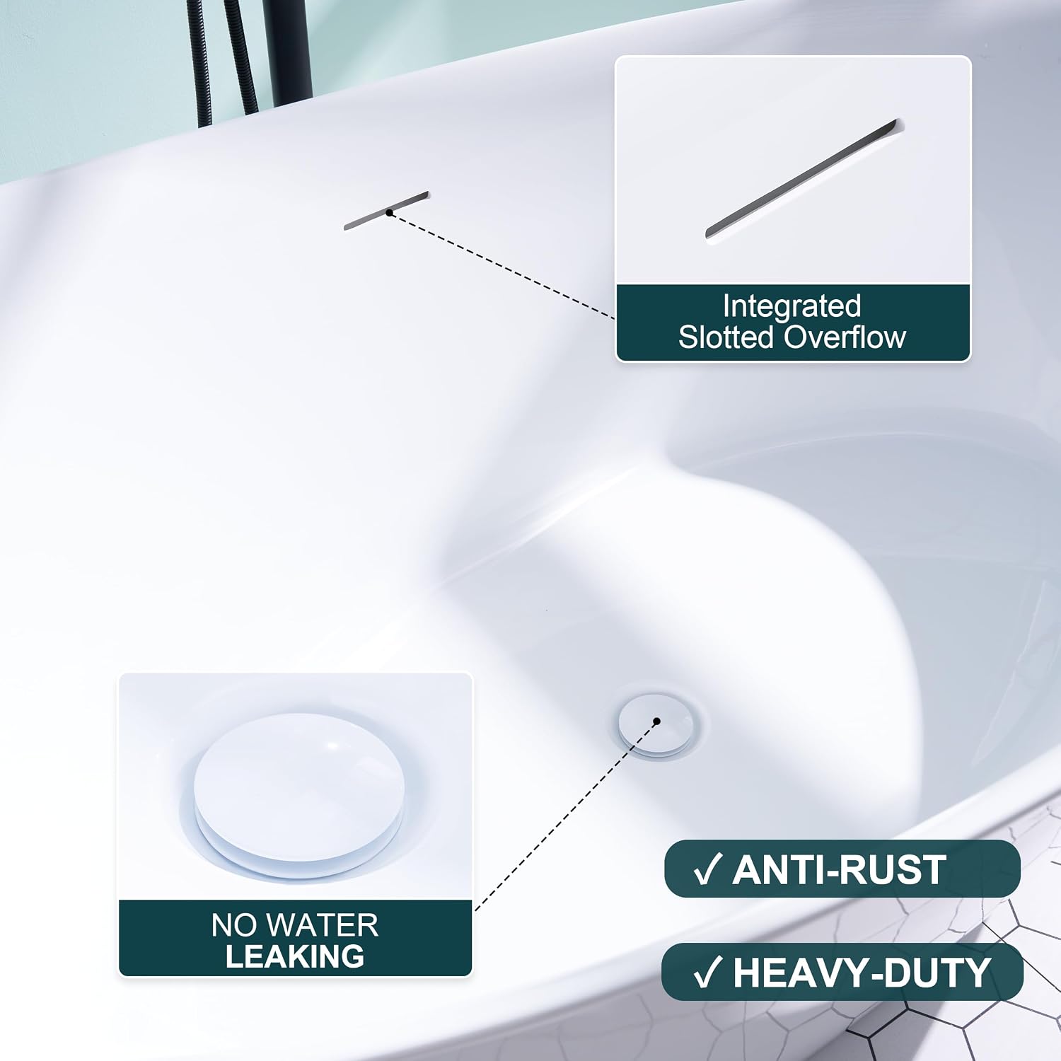 WELLFOR 70'Freestanding Acrylic Bathtub with Drain and Integrated Slotted Overflow, 65 Gallons Capacity, Soaking Bath Tub Oval Shape, Glossy White Soaking Bath Tub with Predrilled Overflow Holes