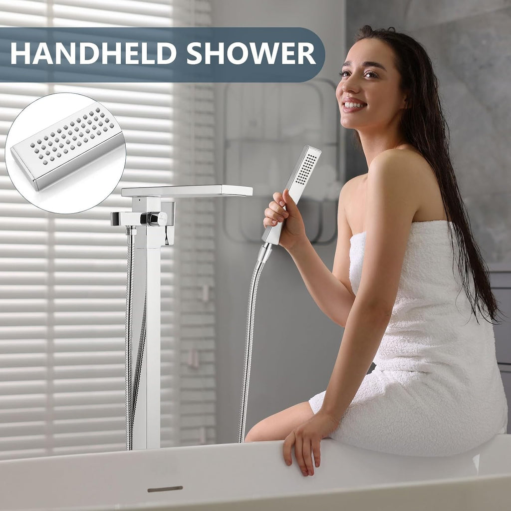 Aolemi Freestanding Bathtub Faucet Floor Mount Tub Filler with Handheld Spray Single Handle Free Standing Bathroom Faucets Swivel Flat Waterfall Spout Polish Chrome