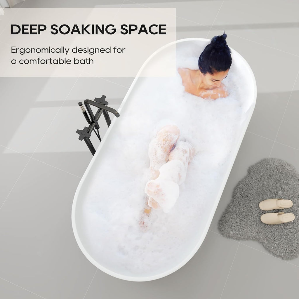 SJ STAR&JANE 69' Solid Surface Freestanding Bathtub, Matte White Oval Stone Resin Soaking Tub Stand Alone Tub with Overflow and Pop-up Drain for Modern Bathrooms