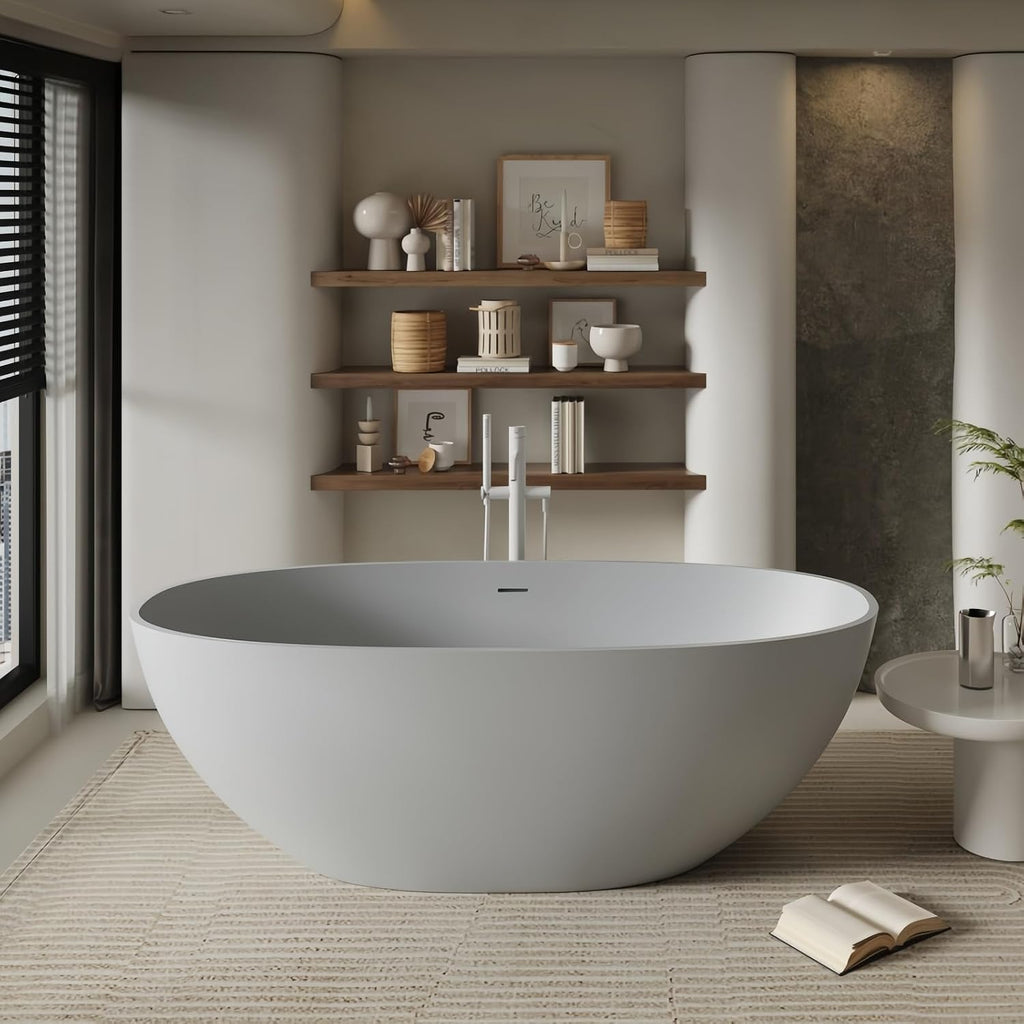 72' Edeyeu Freestanding Bathtub - Oval Deep Soaking Tub with Engineered Stone Build, Ergonomic Backrest and Heat-Retaining Layers, Luxury Solid Surface Bathtub for Modern Bathrooms Gray