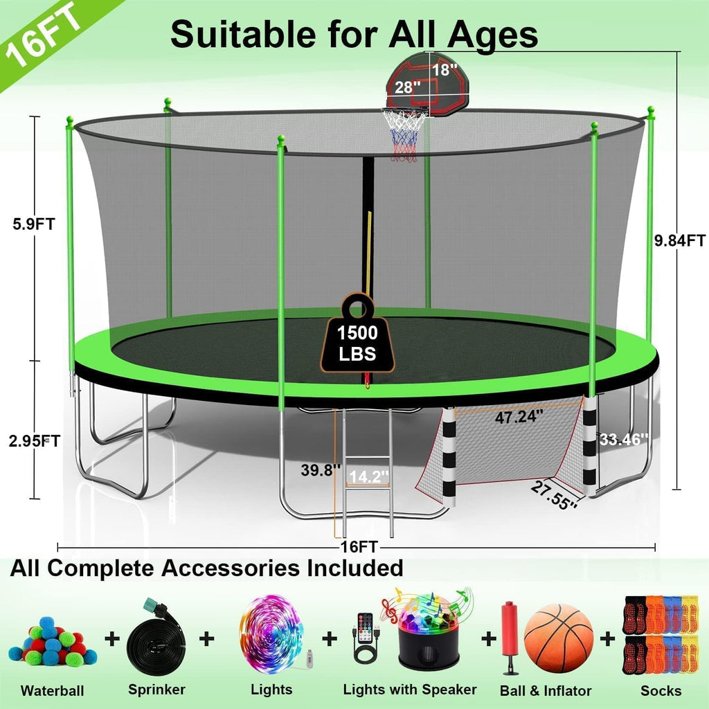 1500LBS 16FT 15FT 14FT 12 FT 10FT 8FT Tranpoline for Kids and Adults with Sprinkler, Lights with Music Speaker, Socks, Water Ball, Heavy Duty Outdoor Tranpoline with Net Enclosure and Ladder