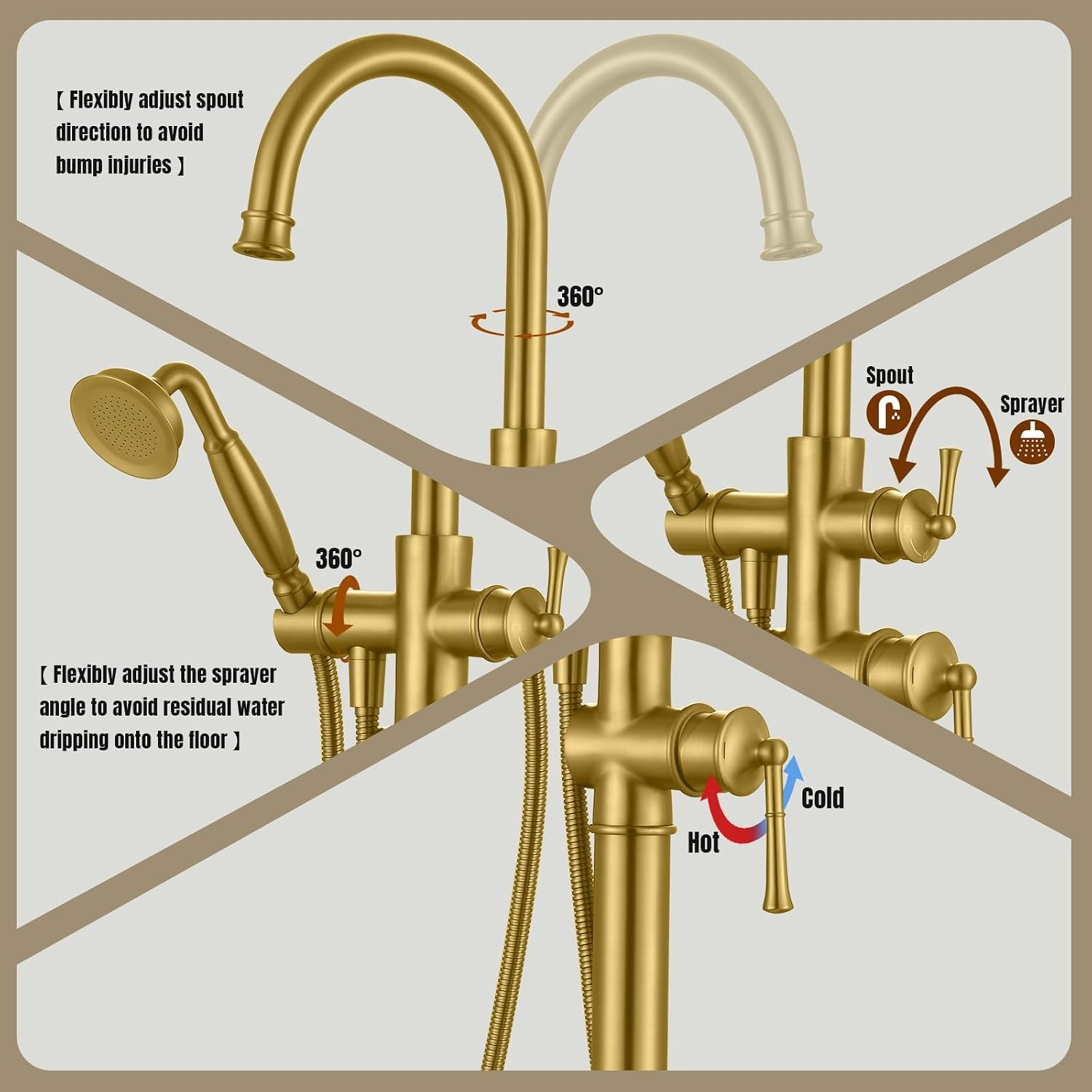 Free Standing Tub Faucet, Antique, Brushed Gold (B2311-BG) | H59-1 Premium Solid Brass, High Flow 6.6 GPM, Elegant & Vintage Styling