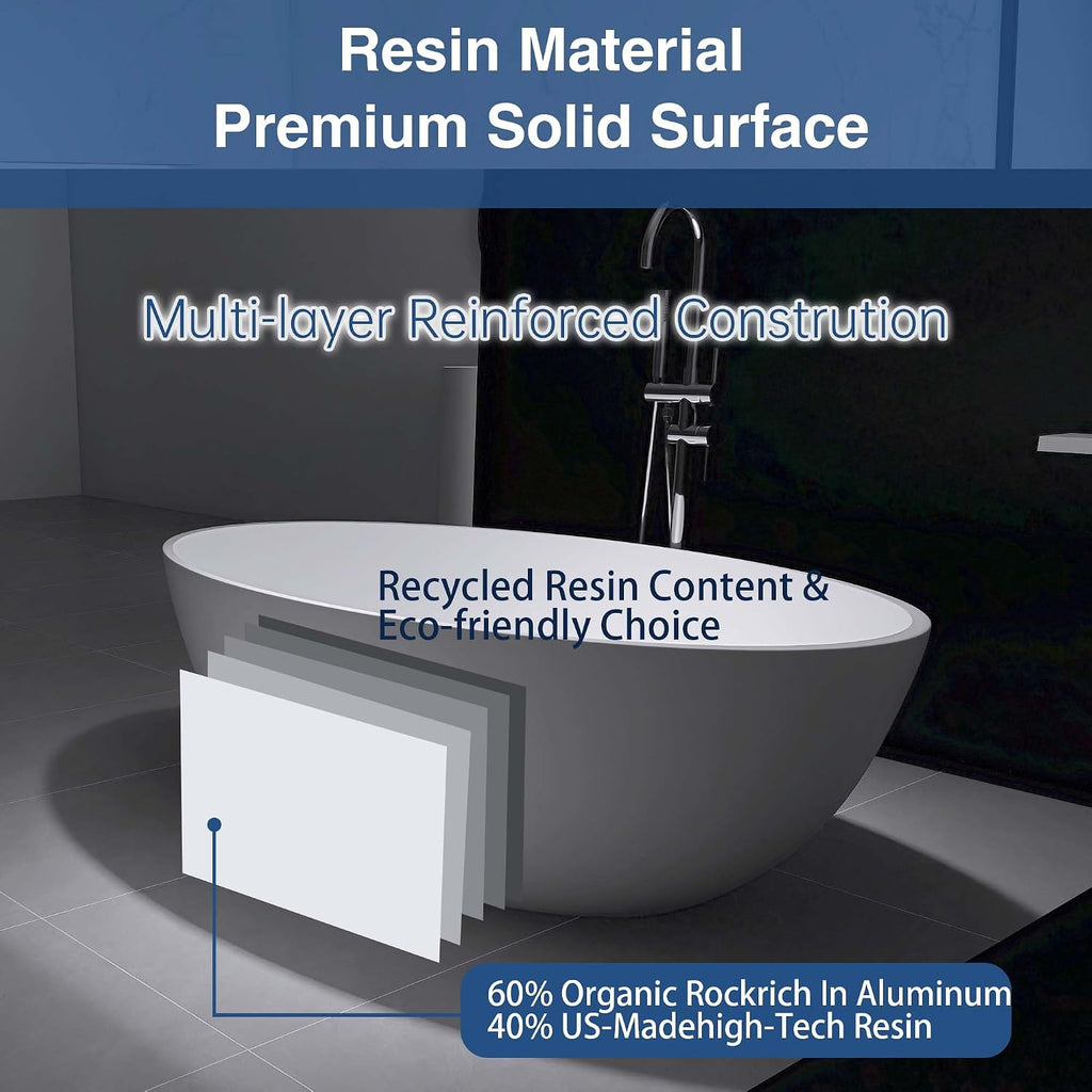67' x 39' Freestanding Solid Surface Resin Stone Bathtub, Modern Design Stand Alone Tub with Pop Up Drain and Overflow, Matte White 301MW1700
